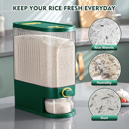 22 Lbs Rice Dispenser, Large Dry Food Storage Container with with Measuring Cup & Time Scale, Food Dispenser Kitchen Organization and Pantry Store for Cereal Dry Food (Green)