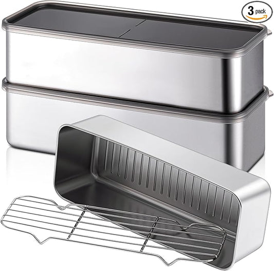 Hushee 3 Set 304 Stainless Steel Containers for Fridge, with Removable Drain Tray, Fruit Bacon Storage Airtight Deli Meat Container with Lids for Fresh Dry Food Storage(10.43 x 3.94 x 2.76 Inch)