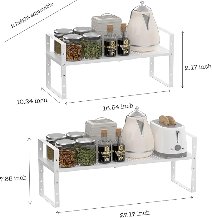 Cabinet organizer shelf,Expandable Adjustable Stackable Kitchen Organizer,Metal shelf risers for cabinets, kitchens and desks(2Packs/White/Large)