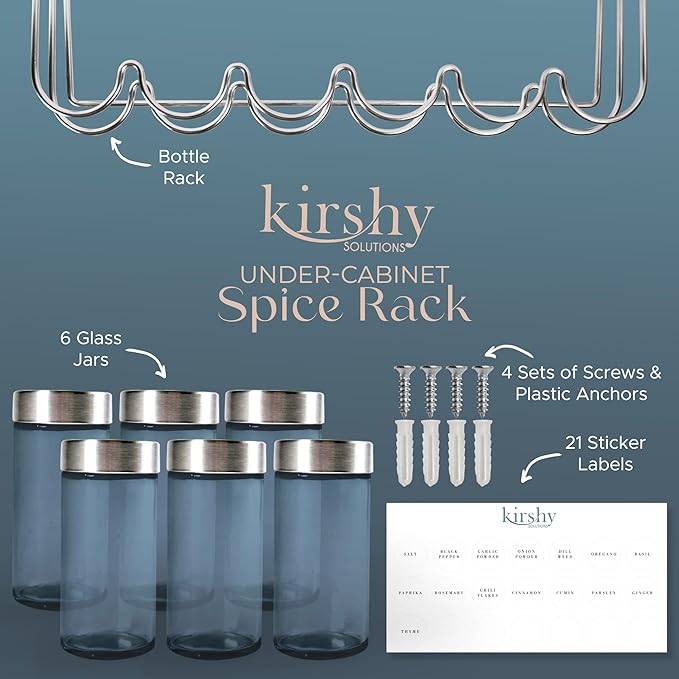 Under Cabinet Spice Rack With 6 Glass Spice Jars & 21 Labels Stainless Steel Spice Storage Rack- Mountable Under Shelf Hanging Spice Rack Holder- Seasoning Kitchen Organizer