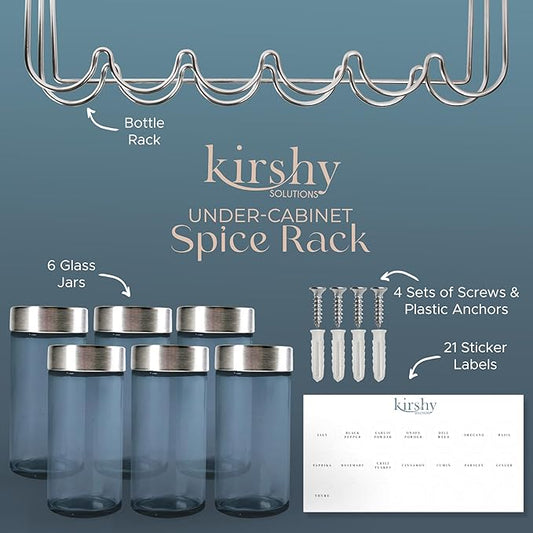 Under Cabinet Spice Rack With 6 Glass Spice Jars & 21 Labels Stainless Steel Spice Storage Rack- Mountable Under Shelf Hanging Spice Rack Holder- Seasoning Kitchen Organizer