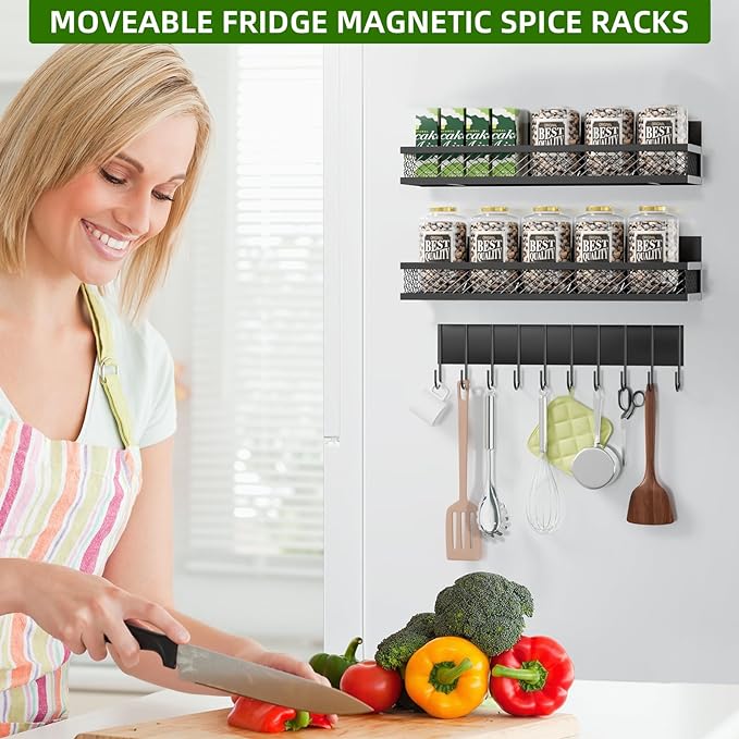 Magnetic Spice Rack for Refrigerator, 3 Pack Magnetic Shelf for Refrigerator, Movable Magnetic Basket is Used for Side Storage in Ovens, Microwaves, or Washing Machines
