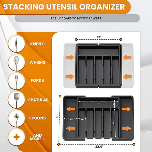 Adjustable Silverware Drawer Organizer - Utensil Drawer Organizer - Kitchen Organizers and Storage - Silverware Organizer - Kitchen Drawer Organizer - Utensil Organizer for kitchen Drawers