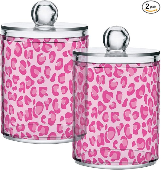 Rose Pink Leopard Print 2PC Airtight Transparent Plastic Storage Jar, Food Storage Container Glass, Can Store Candy, Salt, Coffee Beans, With lid, Easy To Use