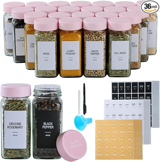 36 Glass Spice Jars with Labels,Spice Jar Set,4oz Seasoning Containers,Spice Containers with Pink Airtight Lids and Shaker Lids,Square Empty Spice Bottles, 492 Labels,2 Marker Pens,1 Funnel