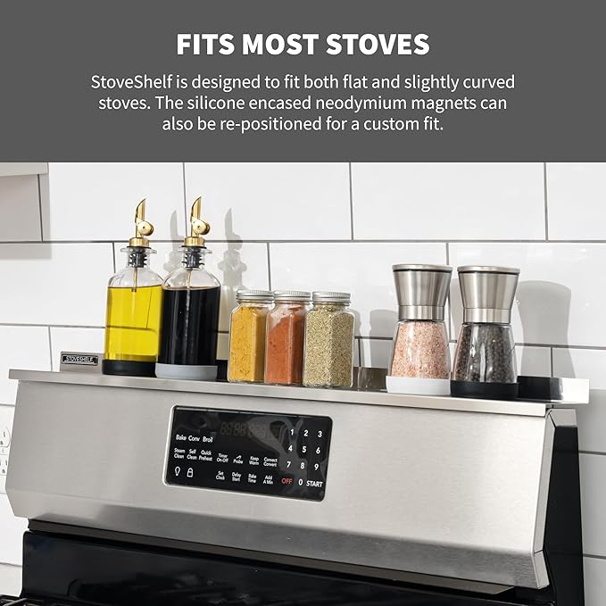 StoveShelf Deluxe 30" Length Stainless Steel Finish Magnetic Shelf for Kitchen Stove - Extra Strength Double Magnets - Kitchen Storage Solution with Zero Installation - Over Stove Spice Rack Organizer