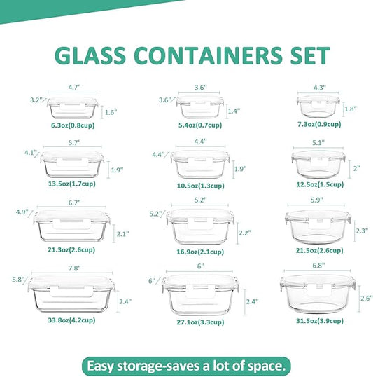 24 Pieces Glass Food Storage Containers Set,Glass Meal Prep Containers-Stackable Airtight Glass Storage Containers with lids,Freezer, Microwave, Oven Safe,White