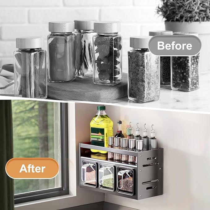 Kitchen Spice Rack, Kitchen Organizer and Storage Rack, Spice Organization for Cabinets Punch-free Wall/Countertop Home Decor Multifunctional Double Layer 3 Grid Condiment Rack, Gray