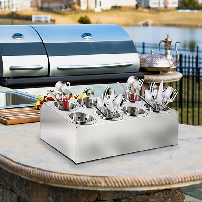Commercial Utensil Holder for Kitchen Counter, Silverware Organizer 8 Cups Large Utensil Holder Stainless Steel for Restaurant, Metal Utensil Caddy Cutlery Organizer for Countertop, Silver