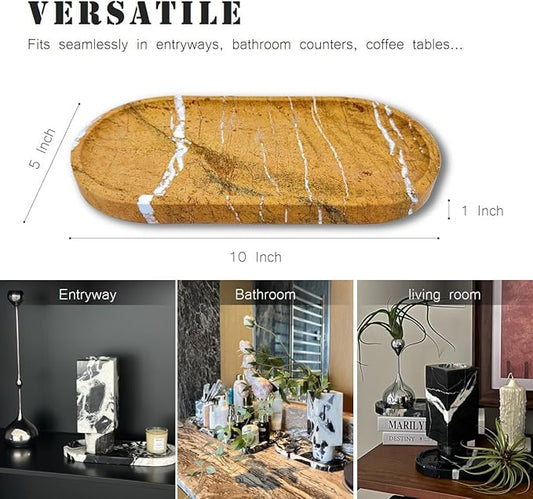 JINGJU Marble Oval Tray 10”x5”, Natural Stone Decorative Tray for Jewelry, Candle, Bathroom Counter, Coffee Table, Perfume Display