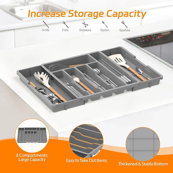 iDavosic.ly Silverware Drawer Organizer, Expandable Utensil Tray for Kitchen, Large Adjustable Plastic Cutlery Flatware Holder for Knife Fork Spoon with 8-10 Compartments, Gray