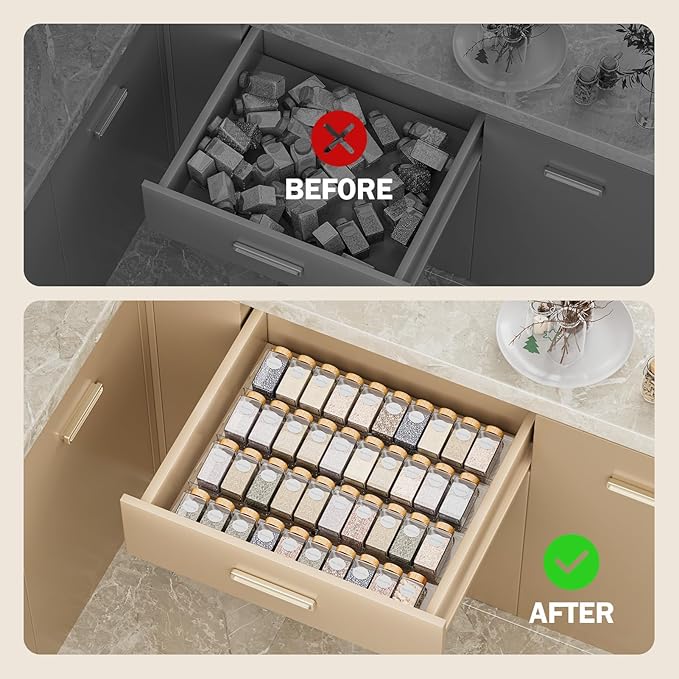 Spice Drawer Organizer, 4 Pack Clear Seasoning Organizer Rack, Kitchen Spice Rack Organizers for Drawer/Countertop (Jars Not Included, Expandable From 11" to 22" Wide)