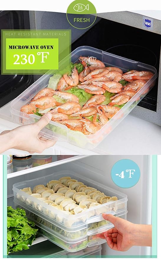 Refrigerator Organizer Bins, Plastic Food Storage Containers with Lids, 3-Layer, BPA free, Stackable Food Organizer Keeper for Snack, Vegetables, Meat, Fish (Transparent)