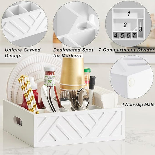 Utensil Holder for Party-Paper Plate Organizer for Countertop, Rustic Wood Silverware Caddy with 7 Compartments for Plate, Cup, Fork, Spoonpicnic Caddy for Plates and Utensils-White