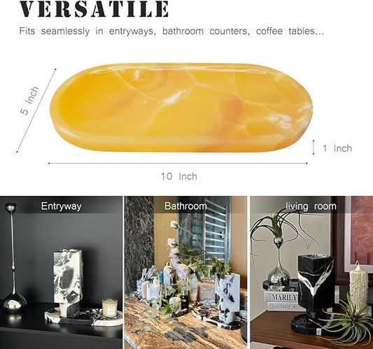 JINGJU Orange Marble Oval Tray 10"x5", Natural Stone Decorative Tray for Jewelry, Candle, Bathroom Counter, Coffee Table, Perfume Display