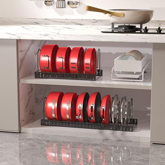 Expandable Pots and Pans Organizer Under Cabinet, with 10 Adjustable Dividers Pot and Pan Organizer, for Kitchen Baking Cookies Cookware Pantry Baking Pan Lid Organizer Black