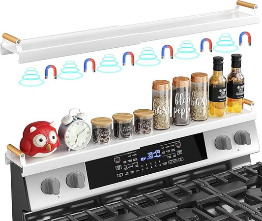 Magnetic Stove Top Shelf Spice Rack Organizer - Adjustable (16.9" to 30") Over the Kitchen Oven Shelf for Back of Stove, White