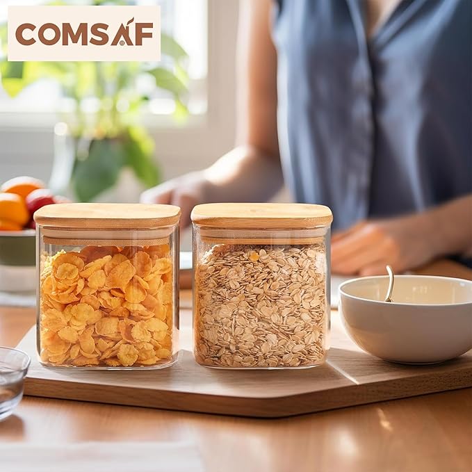 ComSaf 24oz Glass Food Storage Jars Set of 4, Clear Glass Storage Containers with Lids, Pantry Organization Jar, Spice Jar, Blooming Tea, Coffee and Sugar Container, Small Canister Set for Kitchen