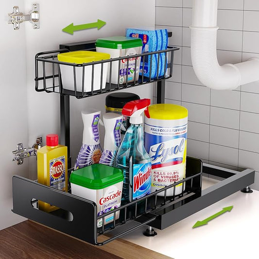 Under Sink Organizer,Pull Out Cabinet Organizer 2 Tier Slide Out Sink Shelf Cabinet Organizer and Storage,L Shaped Under Counter Organizers for Under Kitchen Bathroom Organization
