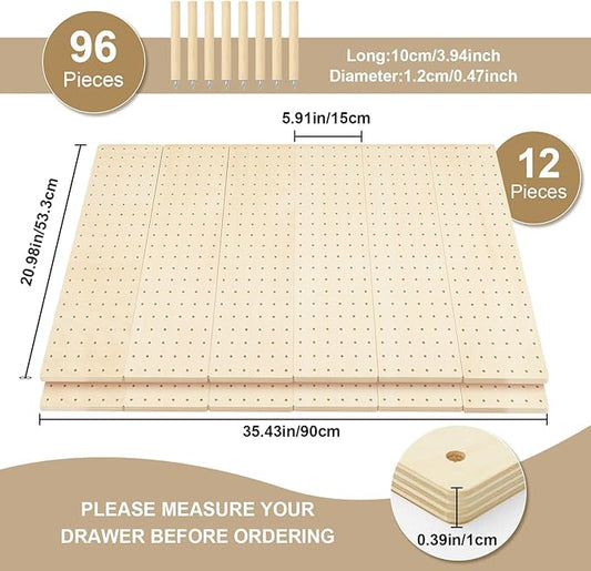 Kigley 12 Pcs Pegboard Drawer Organizer with 96 Drawer Peg Wood Peg Board Wooden Kitchen Plate Organizer for Dishes Food Containers Cookware Utensils(21 Inch,Wood Color)