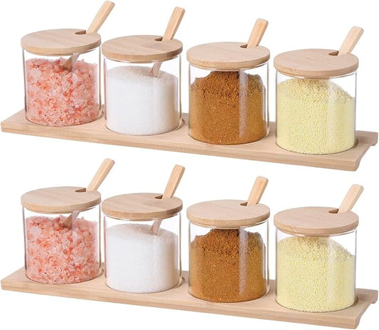 Zubebe 8 Pcs 10 oz Clear Glass Seasoning Jar with Wooden Lid and Spoon Adorable Sugar Condiment Jar Canisters Pot Set Bath Salt Sugar Storage Container Box for Home Cafe Kitchen