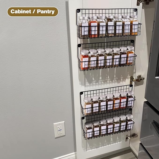 Spice Rack with 28 Jars and Labels,4 Tier Wall Mounted Spice Rack with Jars with 400 White Spice Labels, Chalk Marker and Funnel Set for Cabinet, Countertop, Pantry, Cupboard or Door & Wall Mount.