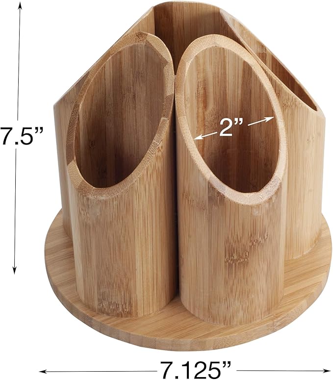 MobileVision Bamboo Circular Rotating Utensil Holder & Kitchen Organizer, 5 Sections, Store Forks, Spoons, Knives, Serving Utensils, and Other Cooking Tools