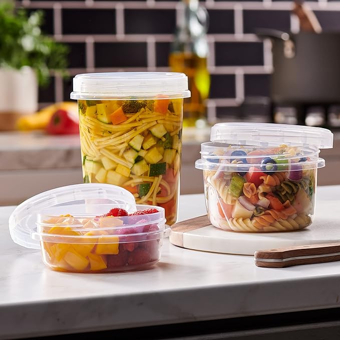 PLASTICPRO 12 Pack Twist Cap Food Storage Containers with Clear Screw on Lid- 32 oz Reusable Meal Prep Containers - Freezer and Microwave Safe Clear Plastic Food Storage