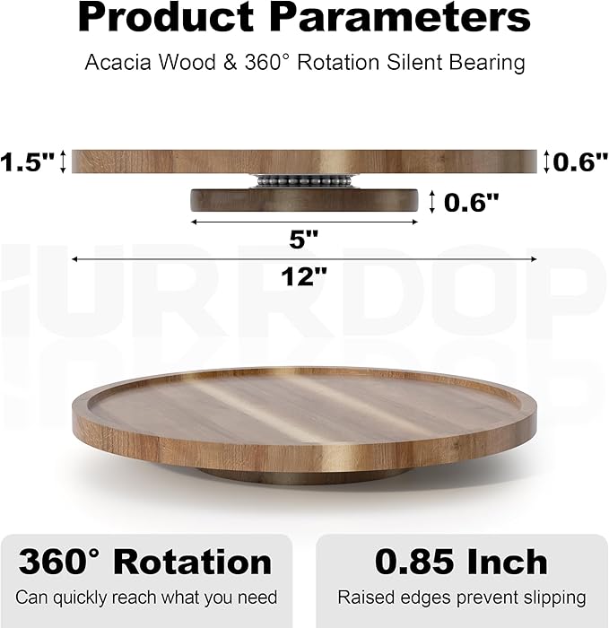 12 inch Wooden Lazy Susan Turntable, Acacia Wood Spinning Organizer for Dining Table, Cabinet, Fridge, countertop, Pantry