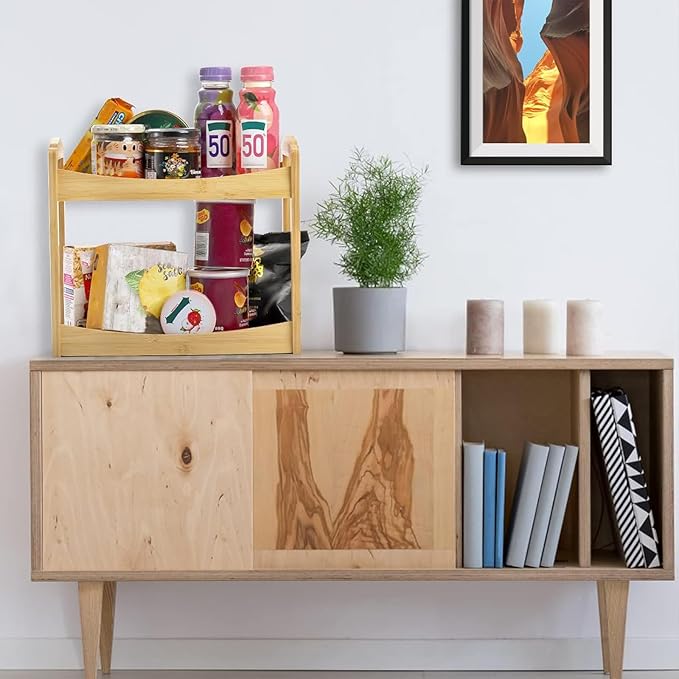 Bekith 2 Tier Spice Rack Organizer for Cabinet, Bamboo Countertop Shelf Corner Shelf Pantry Shelves for Kitchen, Bedroom, Bathroom