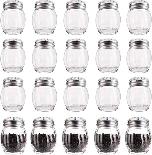 Nicunom 20 Pack 6 Oz Spices Shaker with Perforated Stainless Steel Lid, Swirl Glass Parmesan Cheese Shaker with Slotted Caps, Salt and Pepper Shakers Set, Seasonings Spice Retro Style Dispensers