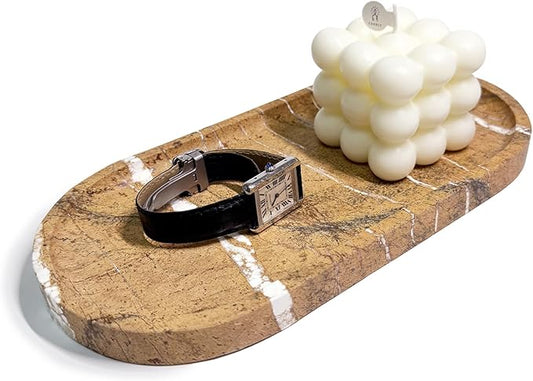 JINGJU Marble Oval Tray 10”x5”, Natural Stone Decorative Tray for Jewelry, Candle, Bathroom Counter, Coffee Table, Perfume Display