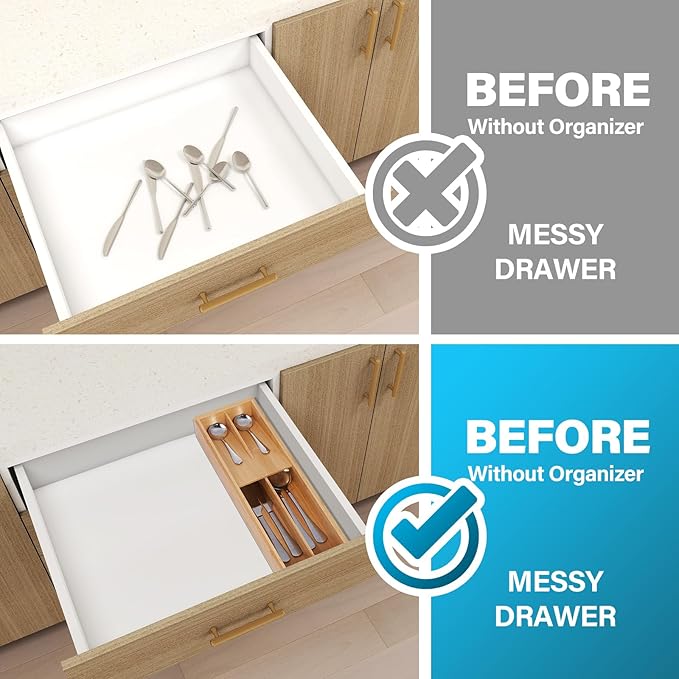 Bamboo Silverware Drawer Organizer, Kitchen Utensil Tray Holder Organizer, Drawer Storage Organization for Flatware, Cutlery, Spoon, Forks and Knives 4 Slots