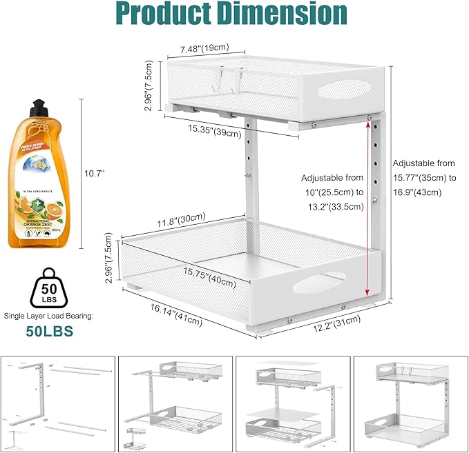 1 Pack Large Under Sink Organizer, 2 Tier Metal Pull Out Under Sink Storage with Sliding Mesh Drawers, Height Adjustable Slide Out Under Cabinet Organizer for Kitchen Bathroom, White