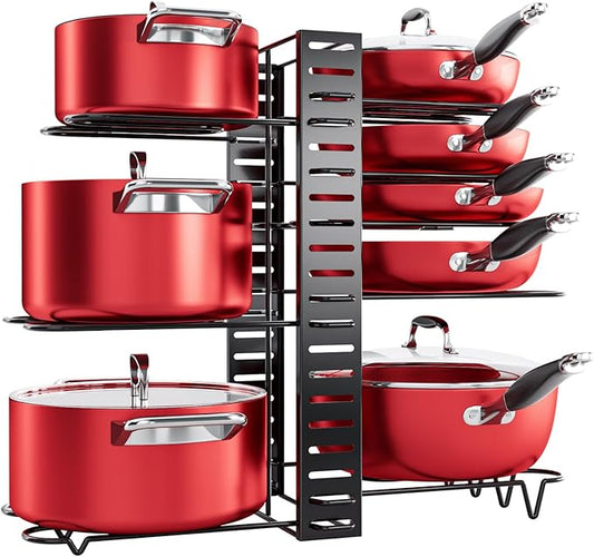 MUDEELA Pots and Pans Organizer for Cabinet 8-Tier Pan Organizer Rack for Cabinet with 3 DIY Methods, Adjustable Pot Organizer Rack for Kitchen Organization & Storage, Cabinet Organizer