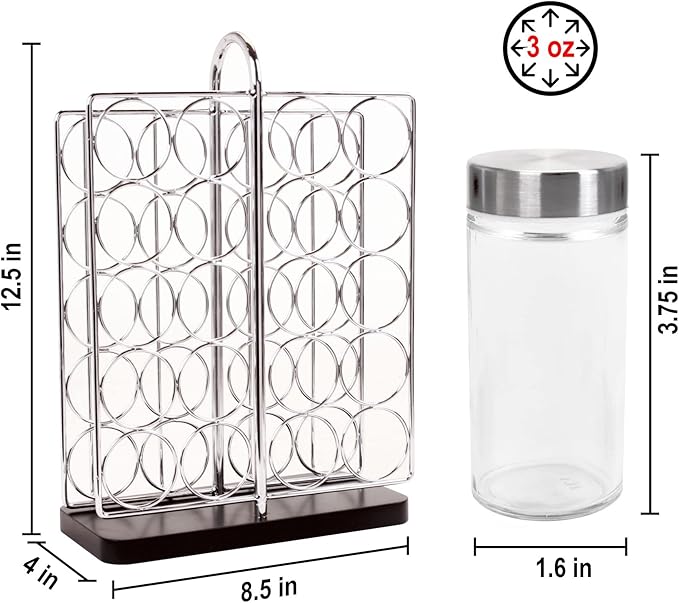 Orii 20 Jar Chrome Wire Spice Rack with Bamboo Base | Includes Silicone Funnel | 160 Preprinted + 20 Blank Spice Labels Included | Compact and Minimalistic Kitchen Pantry Spice Organizer Rack