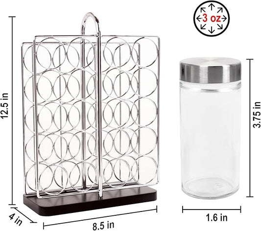 Orii 20 Jar Chrome Wire Spice Rack with Bamboo Base | Includes Silicone Funnel | 160 Preprinted + 20 Blank Spice Labels Included | Compact and Minimalistic Kitchen Pantry Spice Organizer Rack