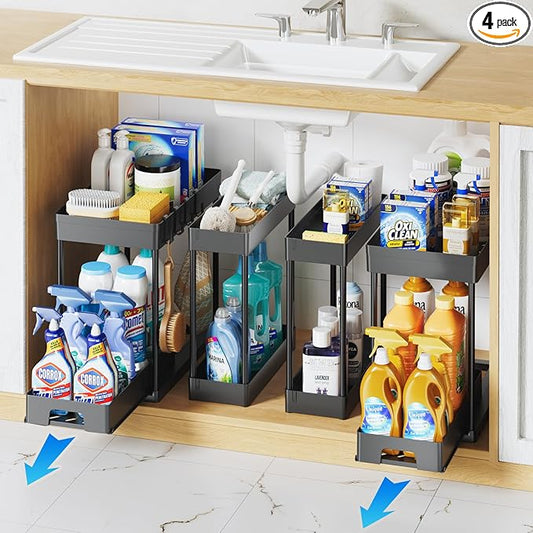 Delamu 4 Pack Under Sink Organizers and Storage, 2 Tier Black Bathroom Cabinet Organizer, Multi-Use Kitchen Bathroom Organizers and Storage