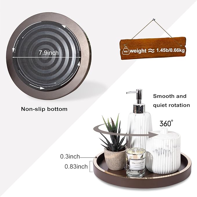 Lazy Susan Organizer for Table Top, Kitchen Countertop Organizer Wooden Lazy Susan Turntable for Cabinet, Spice and Soap Organizer Rack Bathroom Sink Tray for Vanity, 10 Inch, Brown Brushed Gold