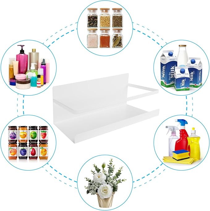 Magnetic Spice Rack for Refrigerator, 2 Pack Magnetic Shelf Fridge Organizer for Spice Jars, Magnet Shelves Seasoning Spice Holder with 4 Hooks for Kitchen White Board Pantry Organizers and Storage