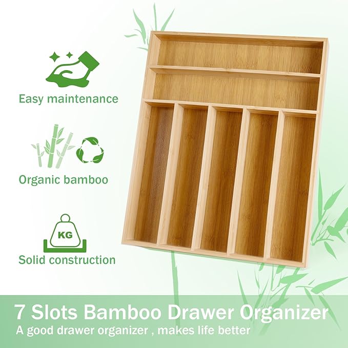 Silverware Organizer Bamboo Kitchen Drawer Organizer with 7 Slots Flatware Organizer Tray for Kitchen, Flatware, Utensils(Natural)
