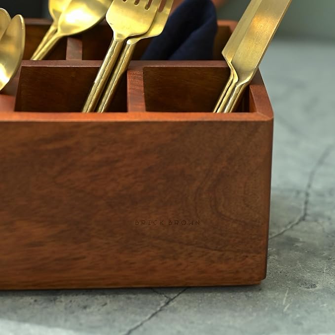 Premium Handcrafted Wooden Spoon stand for kitchen | cutlery holder for dining table | wooden caddy storage organiser stand with 5 section Mahogany Finish(8.75x6x4.5 inch)