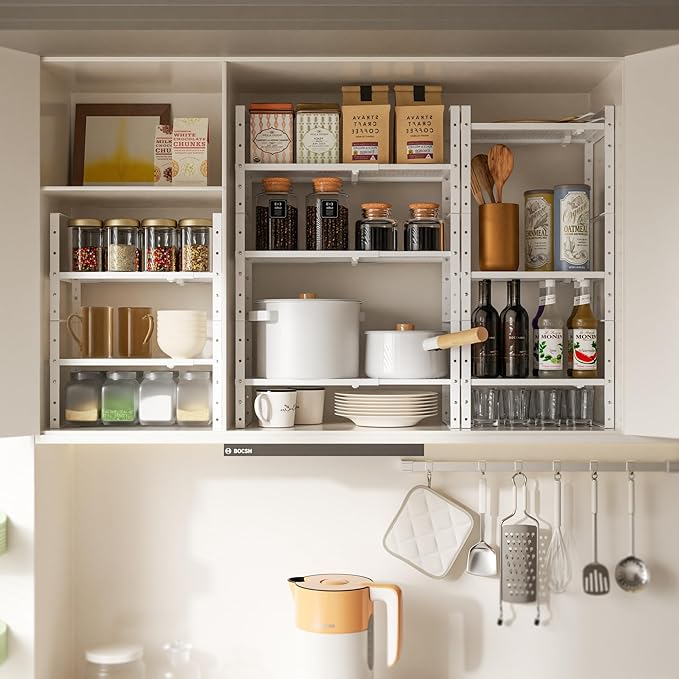Cabinet organizer shelf,Expandable Adjustable Stackable Kitchen Organizer,Metal shelf risers for cabinets, kitchens and desks(2Packs/White/Large)