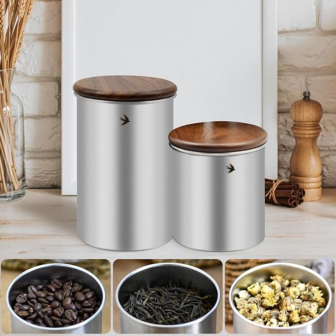 Food Storage Jar Canister with Airtight Walnut Wood Lid Elegant Design Stainless Steel Canister for Tea Coffee Sugar Spice Nuts Snacks Seasonings Storage Jar Caddy (19oz Natural)