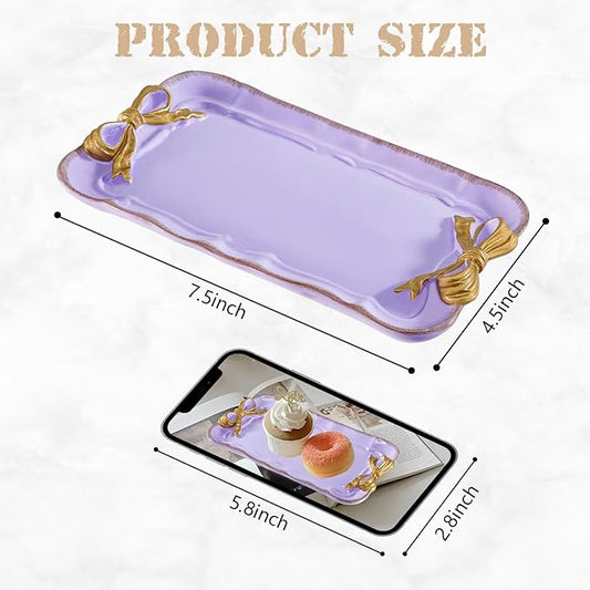 Vintage Decorative Tray Jewelry Tray Towel Tray Storage Tray Rings Necklace Bracelets Earrings Trays Cosmetics Jewelry Organizer Retro Design Bow Decor Resin Plate Coquette Room Decor (Purple)