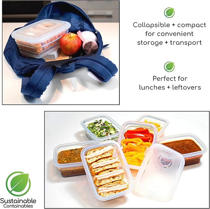 Premium Silicone Collapsible Food Storage Containers with Silicone Leakproof Lids, Platinum Food-Grade, BPA Free, LFGB Certified, Compact, Reusable Lunch Box, Microwave Safe, 4.9 Cups 3 Pk