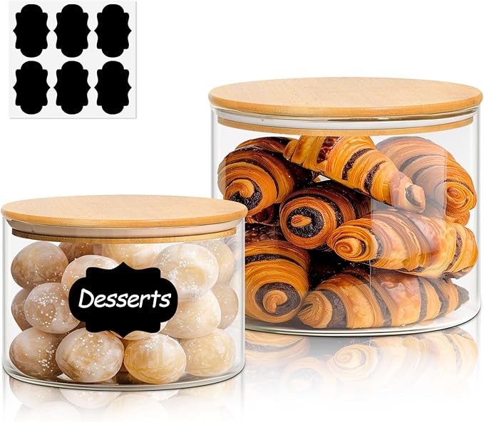 ComSaf Glass Food Storage Containers, 100 oz/44 oz Glass Flour and Sugar Containers with Airtight Lids, 7.1'' Wide Mouth Large Glass Jars with Bamboo Lid for Rice, Pasta, Oats, Grains, Cookie, Candy