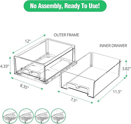 2 Pack Refrigerator Drawers - Fridge Organizer Bins Stackable Storage Drawers, Clear Refrigerator Organizing Containers Pull Out Drawer for Fruit, Vegetable Storage and Keep Fresh
