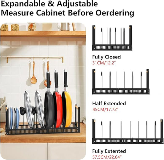 2024 Pots and Pans Organizer Under Cabinet Wood Handle, Expandable Pot Lid Organizer Pot Racks for Cabinet Pot Lid Holders 7 Adjustable Dividers for Pot, Bakeware, Cutting Board, Lid, Dishes