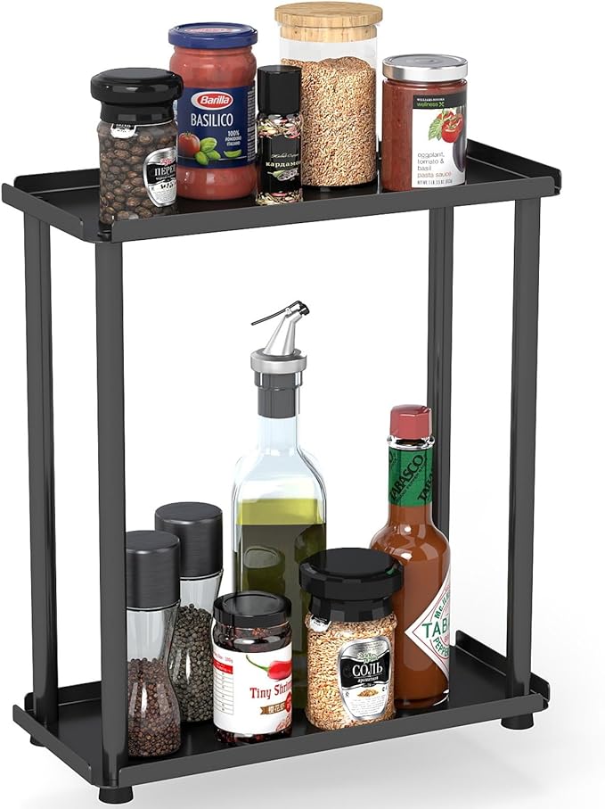 2 Tier Small Spice Rack Organizer for Kitchen Countertop Black
